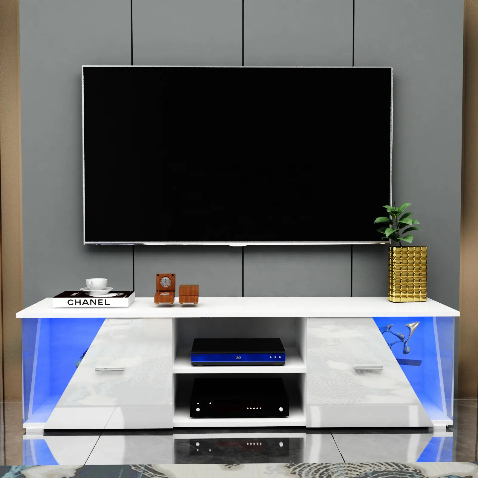 Venta de fábrica, mueble de TV con luz LED de madera clásico moderno, soporte de TV moderno para TV de 85 pulgadas y mesa de café