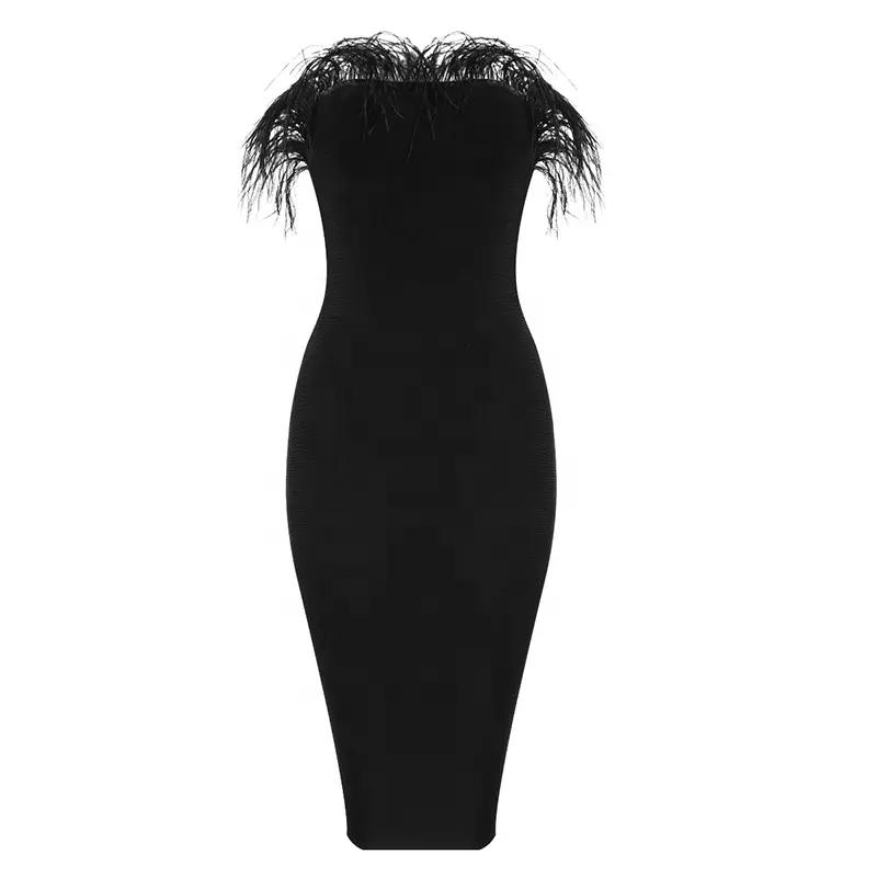 Vestido Bandage ajustado sin tirantes para celebridades, novedad del 2019 en vestidos de noche con plumas embellecedoras, minivestido negro de manga Regular