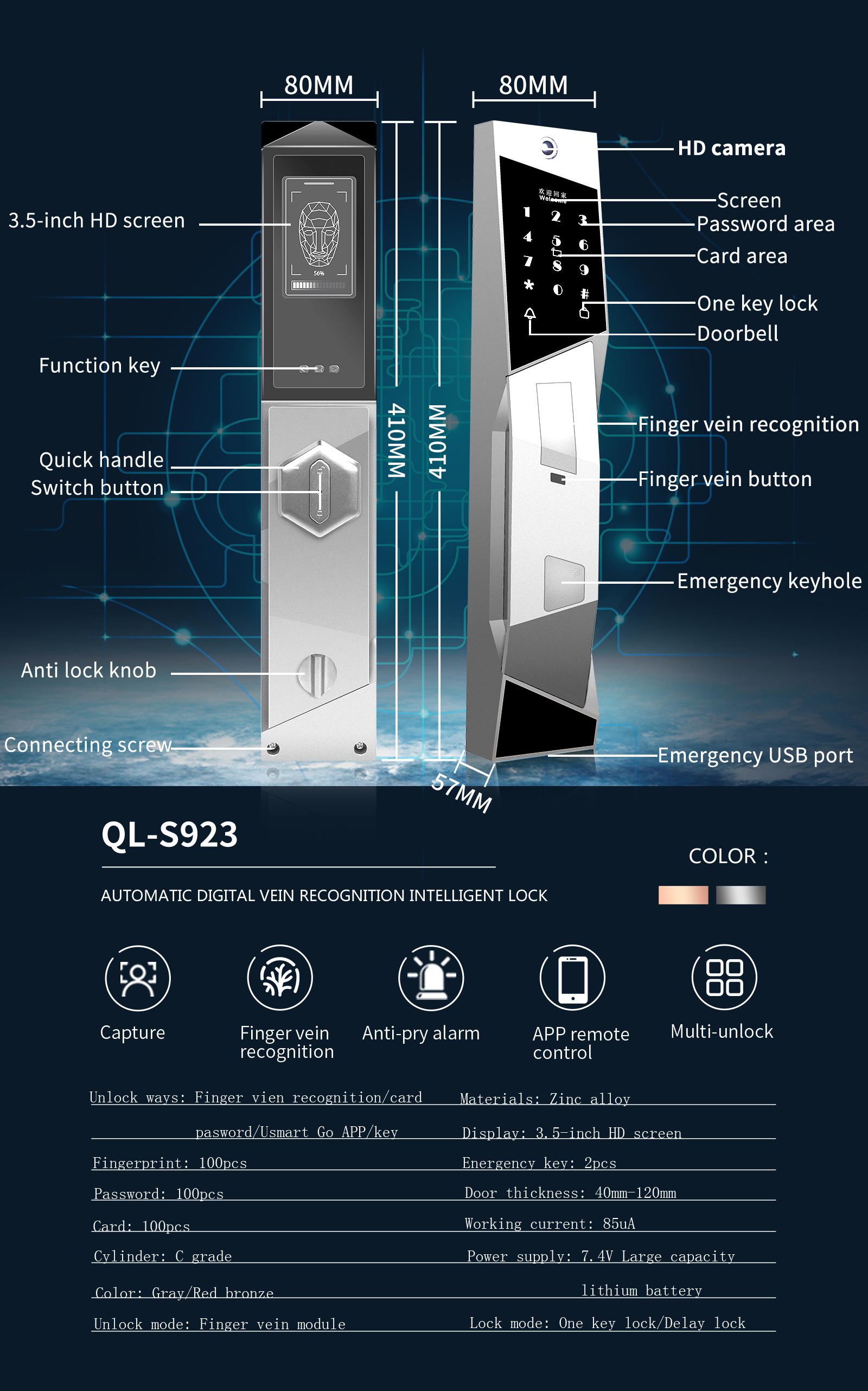 Competitive Price Qleung S923 Intelligent USmart GO Wifi APP Lock Password Card Biometric Fingerprint Smart Lock Door