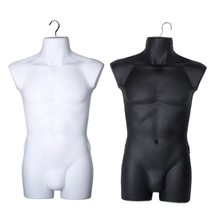 Venta al por mayor de plástico de medio cuerpo maniquí masculino Torso hombres traje de baño maleta estante colgante para exhibición de tienda de ropa