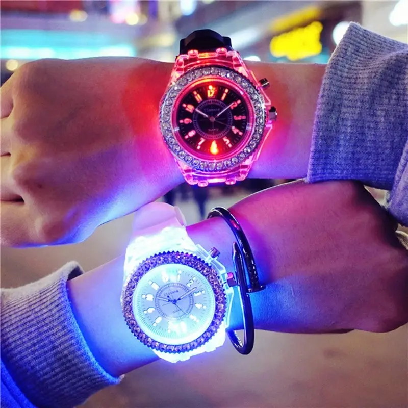 Mode Strass Grand Cadran Bande De Silicone Montre Analogique Boîtier Clair Montres À Quartz LED Lumineux Pour Enfants Montre