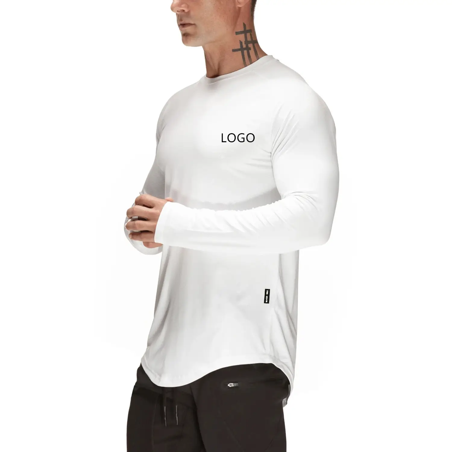 Camiseta blanca personalizada de algodón para hombre, camiseta atlética de gimnasio, camiseta de manga larga estampada