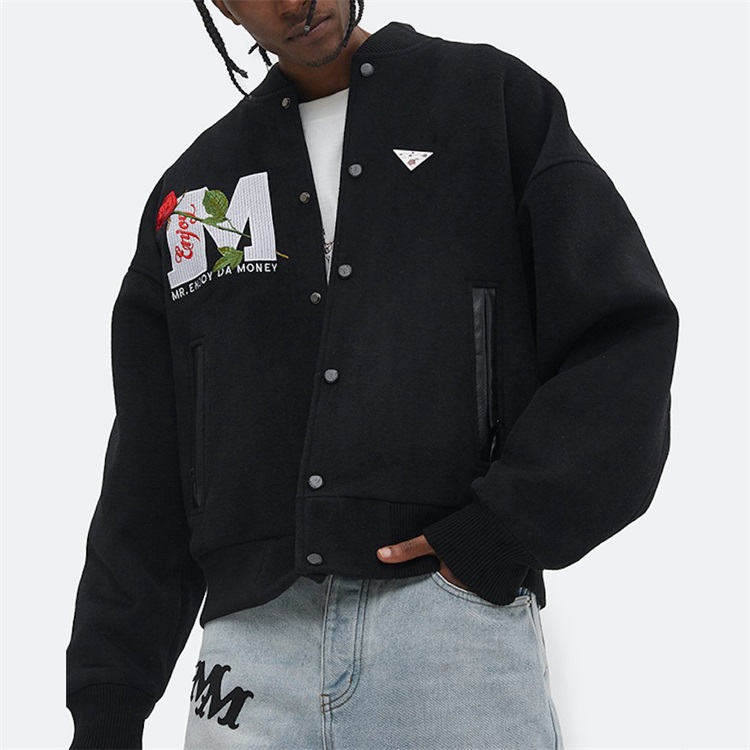 OEM Custom Embroidery Varsity Jackets Winter 100% Wool Rose Fleece Letter Bomber Jacket 1