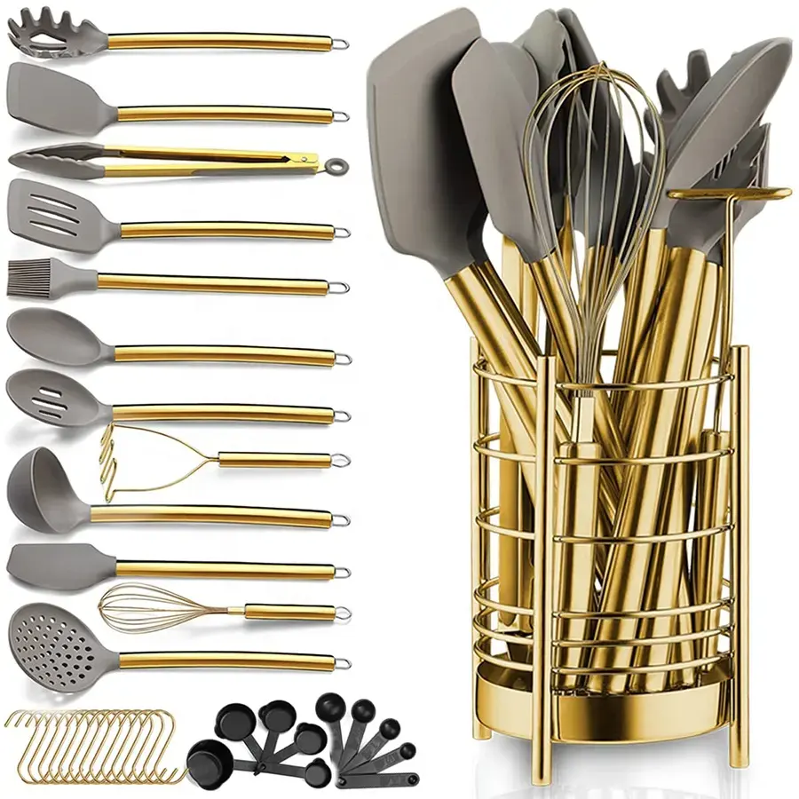 Utensili da cucina in silicone personalizzati cucina domestica in acciaio inossidabile chef cuoco utensili color oro set di utensili da cucina da cucina in silicone