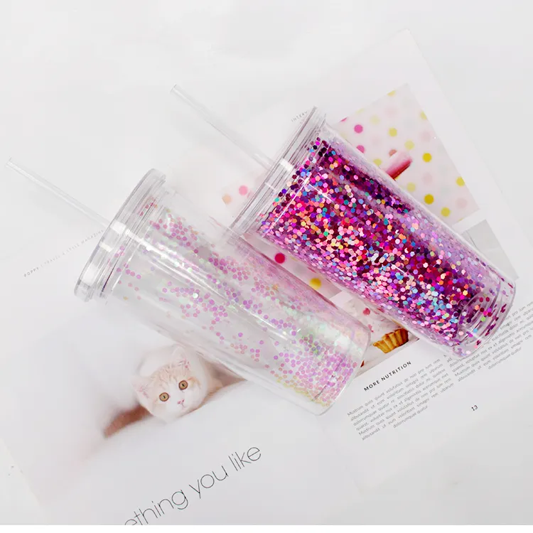 Doppel Wand Kunststoff Stroh Tumbler Tassen Großhandel, Kaltes Getränk Wasser 20 unzen Mehrweg Acryl Glitter Becher Tassen Mit Stroh