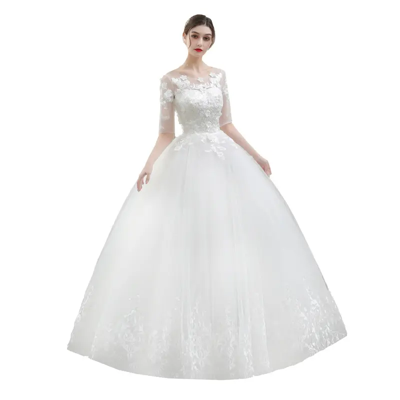 Gaun pengantin luar ruangan renda putih panjang lantai setengah lengan gaya Korea musim panas 16004