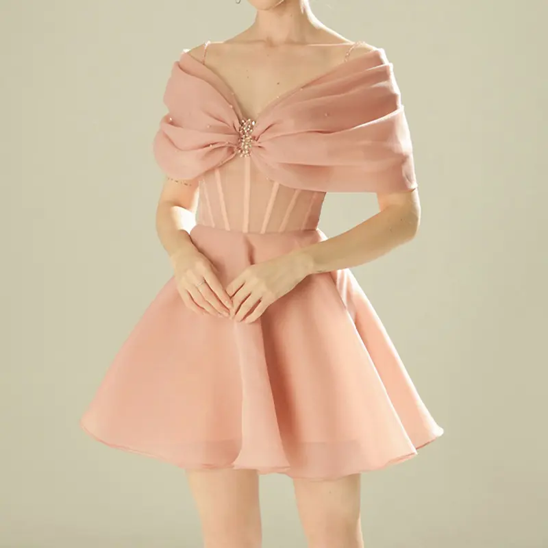 Luxury organza slim waist sweet girls temperament Barbie pink dating small evening party dress