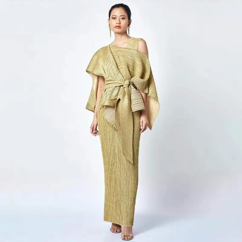 Vestido de noche de dos piezas plisado para mujer, elegante, dorado, indio