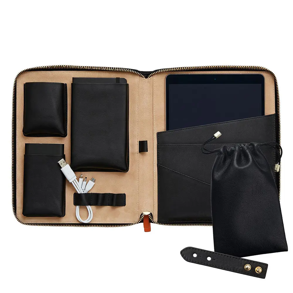 Conjunto de organizador de accesorios de cuero genuino personalizado, Cartera de viaje, bolsas de soporte para Tablet y PC