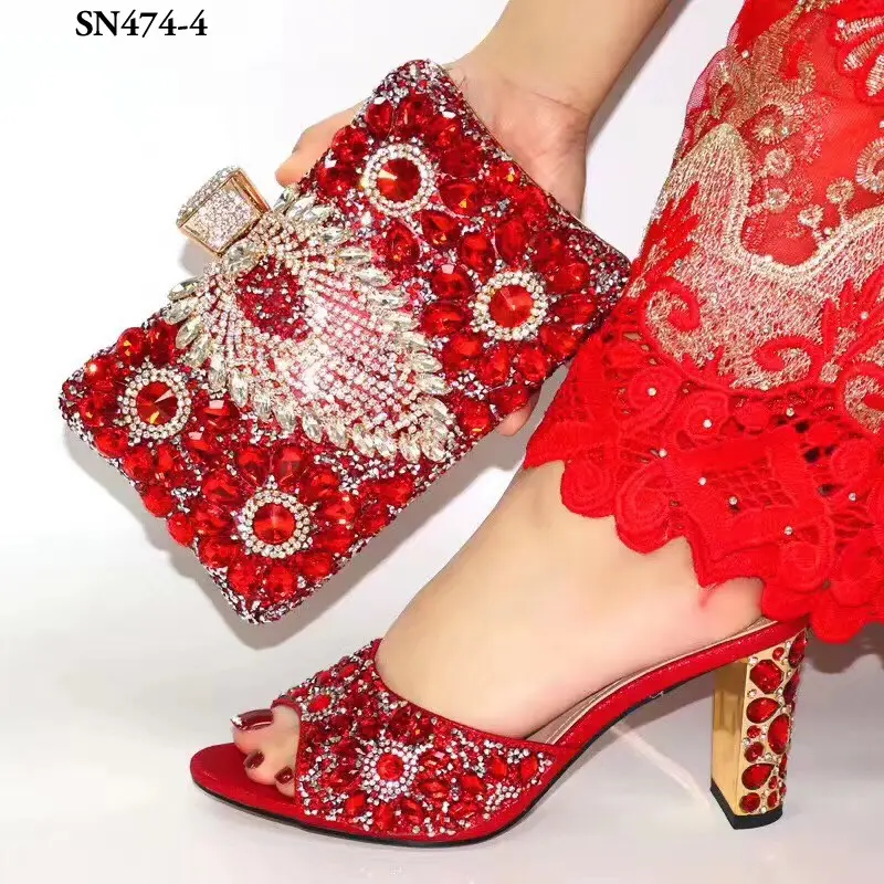 パーティー2019ハイヒールイタリアの靴とバッグのセット結婚式のセットに一致する赤いナイジェリアの女性の靴とバッグ