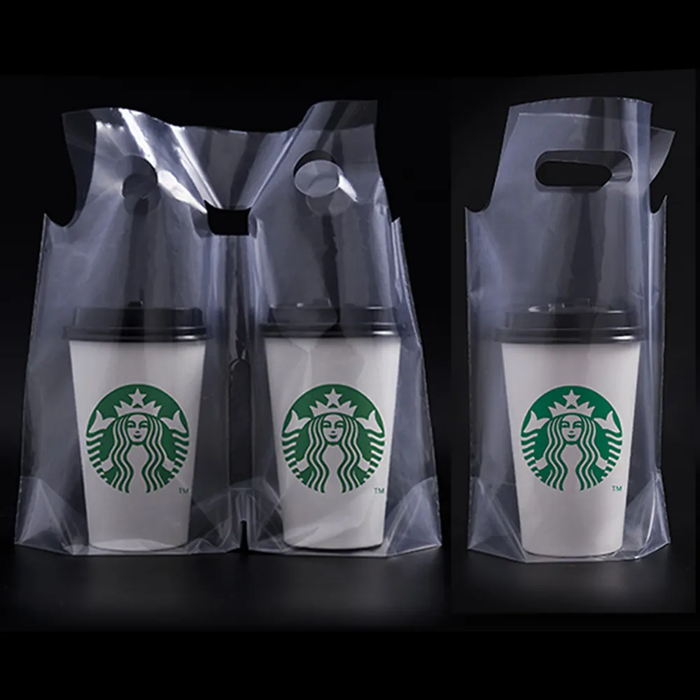 Sacchetti portabicchieri da asporto trasparenti stampati personalizzati in plastica trasparente per caffè e latte