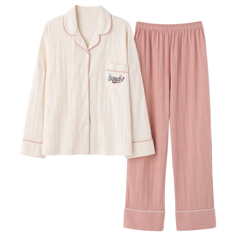 Pyjama en coton doux pour femmes, ensemble de deux pièces, avec manches longues, LOGO personnalisé, mode décontractée