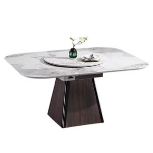 Modern Minimalist Multifunctional <strong>Expandable</strong> Thick White Glossy Rock Slab <strong>Square</strong> Dining <strong>Table</strong> with Rotating Turntable - Product Image 6