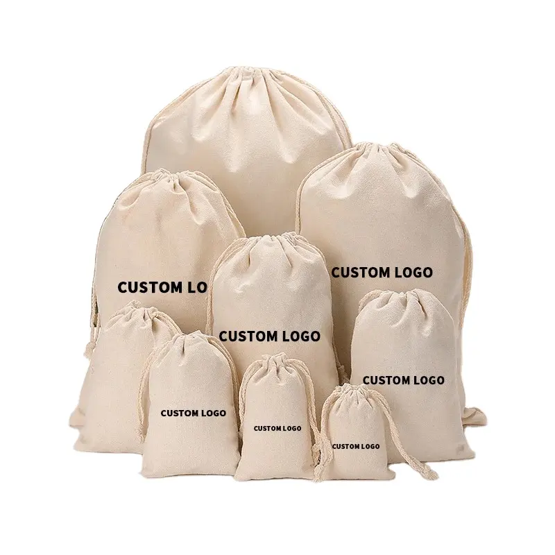 Bolsa de algodón de muselina orgánica ecológica con logotipo personalizado, bolsa promocional de tela de Calicó blanca, bolsa de lona con cordón