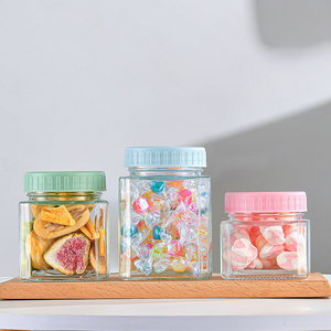 ユニークなデザイン250ml 380ml 500mlガラスの瓶カラフルなプラスチック製ふたキャップ付きキッチンに蜂蜜ジャムキャンディーを保管するため