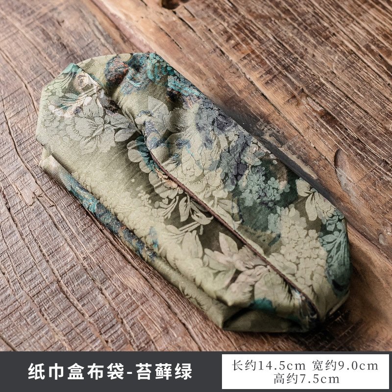 กล่องทิชชู่ผ้าไหม - พื้นหลังสีเขียวลายดอกโบตั๋น