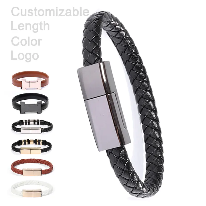 Bracciale in pelle cavo per bracciale di ricarica dati USB corto da 20cm per caricabatterie Micro Iphone tipo C