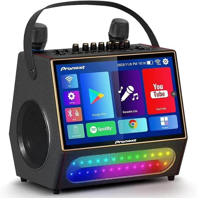 Karaoke makinesi dokunmatik ekran şarj edilebilir UHF Mic WiFi LED ışık taşınabilir bluetooth'lu hoparlör