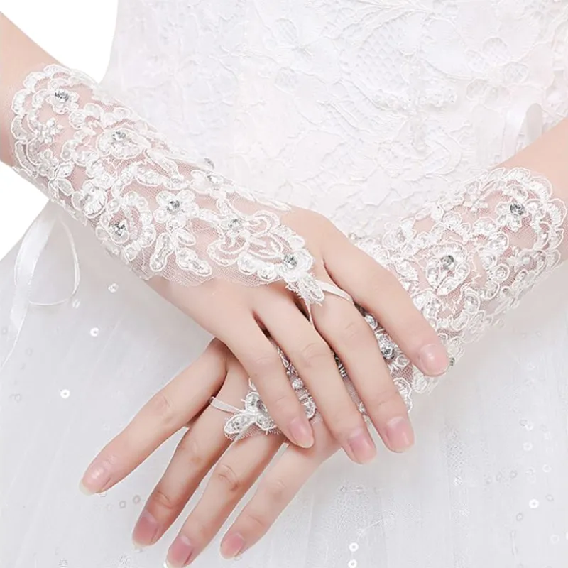 Guantes de boda cortos, blanco, marfil y rojo, longitud de la muñeca, sin dedos, con Apliques de encaje, lentejuelas, para novia