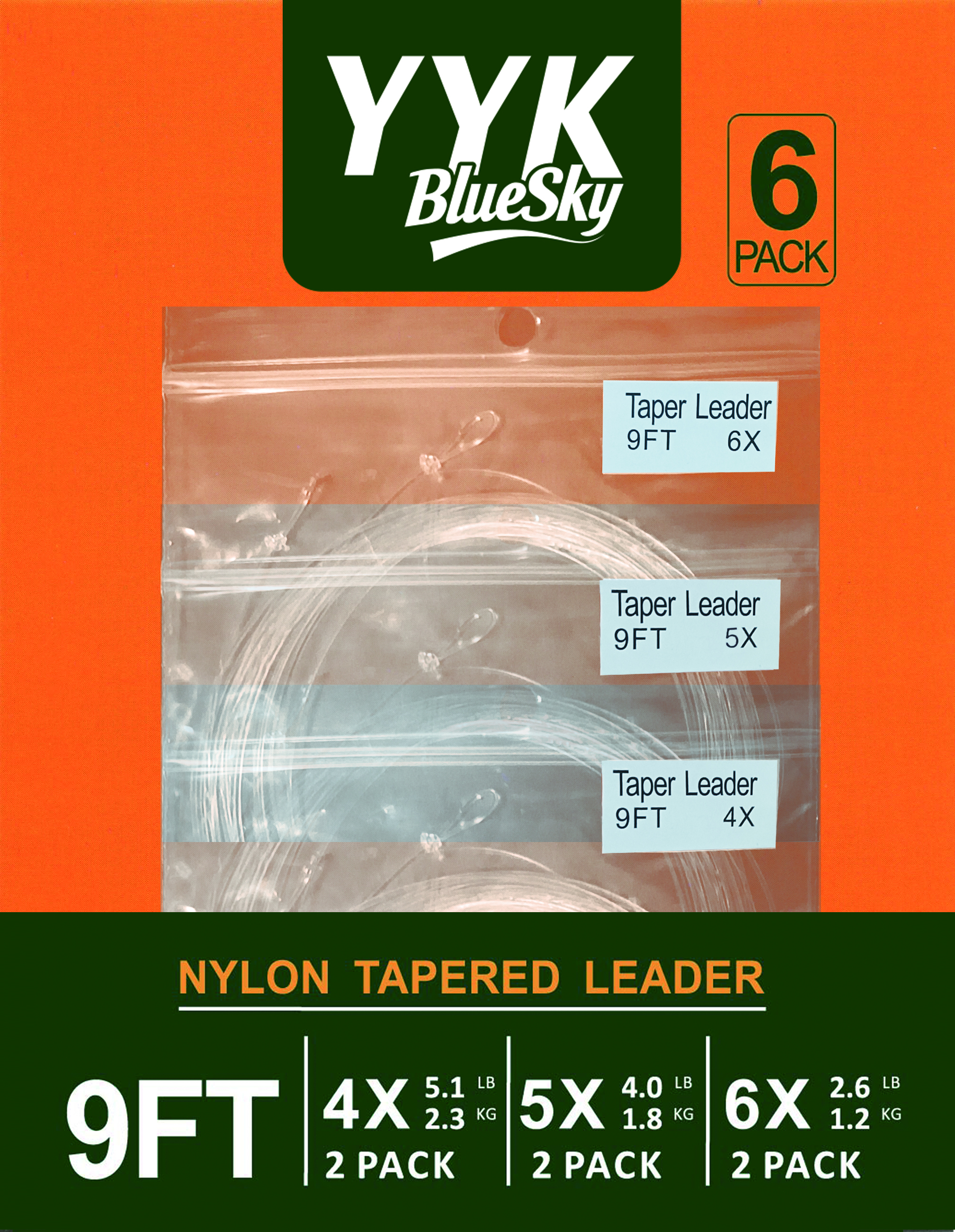 9FT TAPER LEADER 4X 5X 6X 2PACK EACH