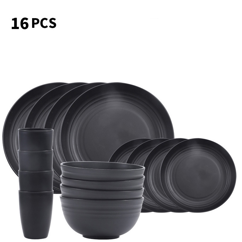 Negro, juego de 16 piezas: tazas, cuencos, platos de 20 cm, platos de 23 cm, 4 unidades.
