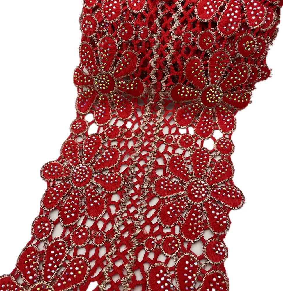 Nova feminina vestido africano renda guarnição tecido com pedras