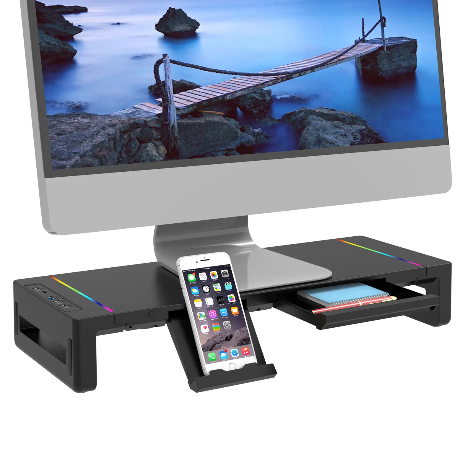 Luces RGB para juegos de escritorio, con cajón y Monitor HUB USB