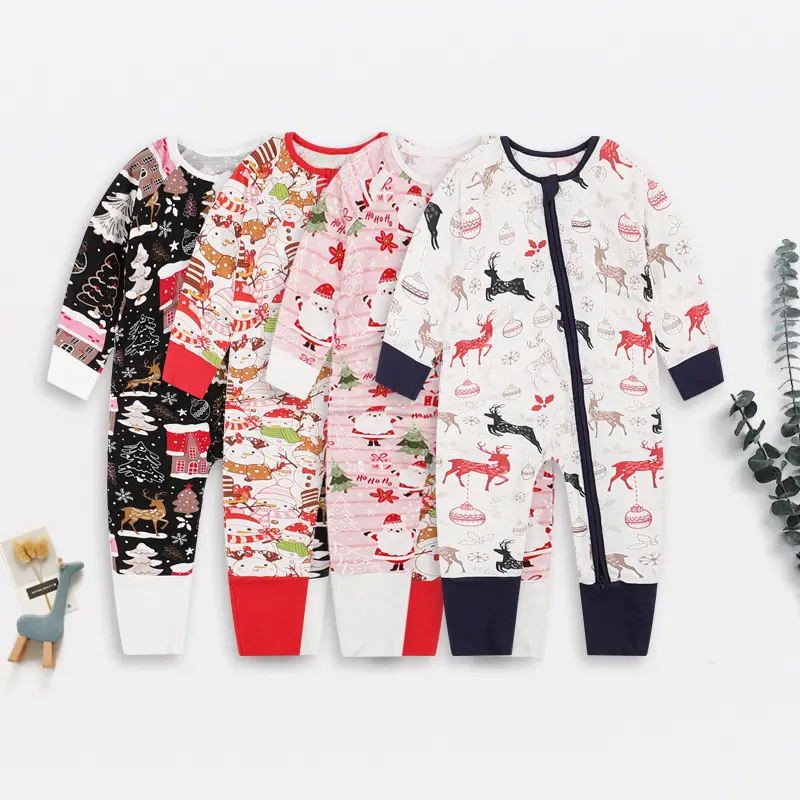 ODM OEM personalizado niño cremallera bambú viscosa bebé pijamas doblar sobre Mono ropa de bebé impreso Navidad bebé mamelucos