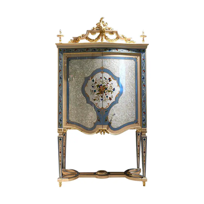 Aparador de madera real europeo, pantalla blanca, armario de buffet Curio Madia, mesa de consola de pintura de lujo clásica antigua
