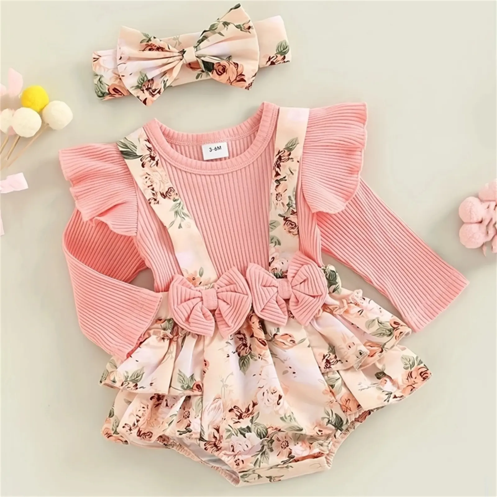 2 PCS Baby Floral Print Long-luva Faux-dois Romper Dress Set para Baby Girl Newborn Baby Clothing Set para a Primavera Verão