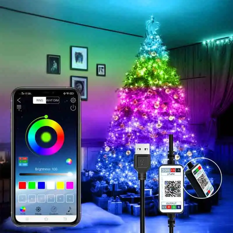Guirnalda de luces de árbol de Navidad inteligente, aplicación colorida, Control remoto, adorno de árbol, LED RGB, luces de Navidad inteligentes