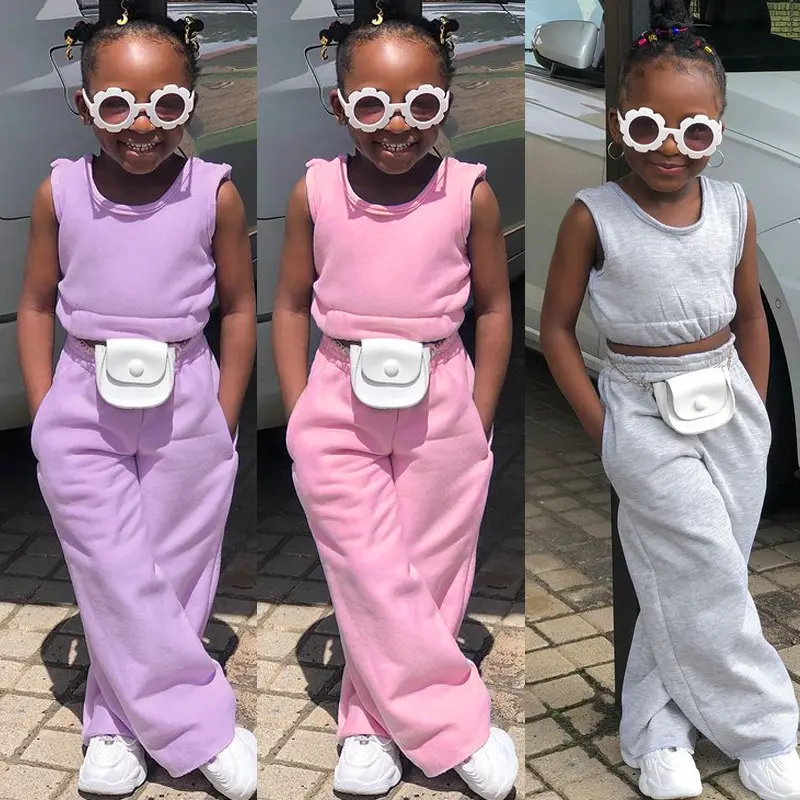 Conjunto de roupas meninas, conjunto de roupas de verão para meninas de 2-7 anos cor sólida colete casual + calças agasalho infantil