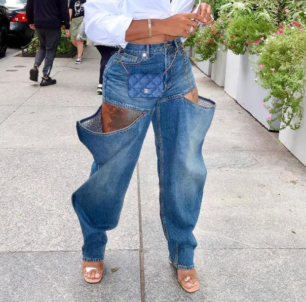 Nuevo Hip Hop Streetwear Pantalones de cintura alta Jeans Azul Vintage Denim Cut Out Jeans Pantalones Mujer