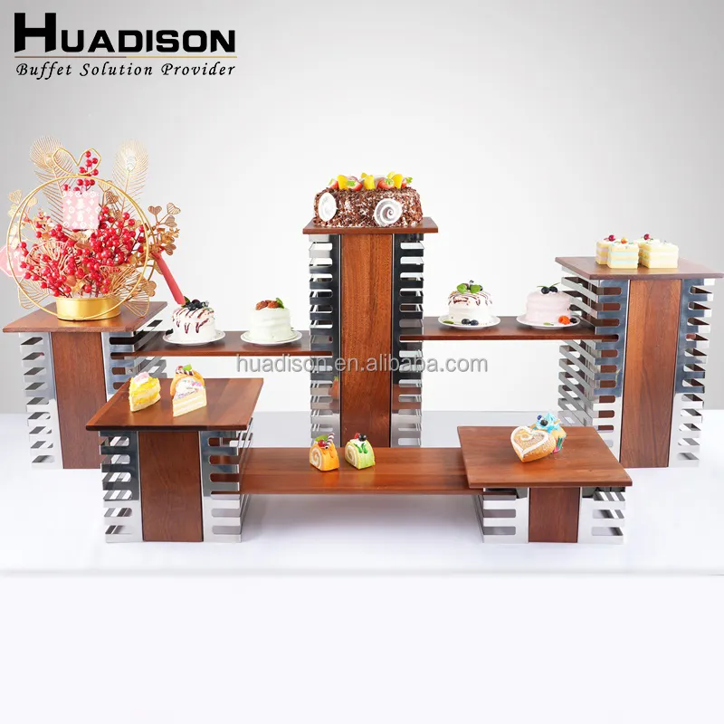 Hua dison Hotel ausstattung Buffet Riser Holz einzigartige vier Ebenen Buffet Display Riser für Hochzeits bankett