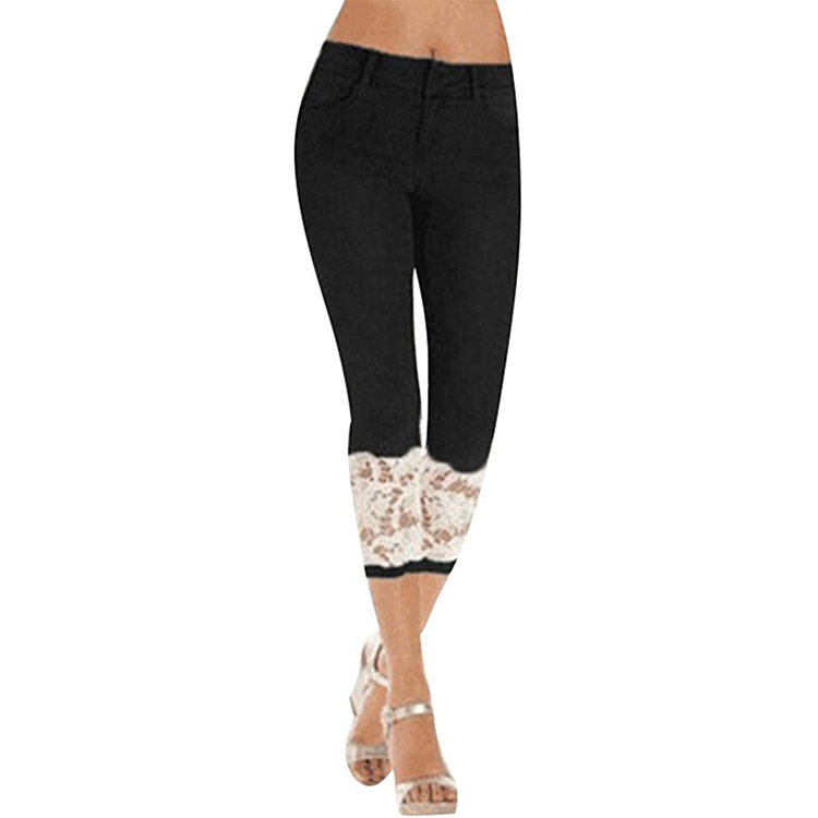 Black plus size lace trim denim capri leggings