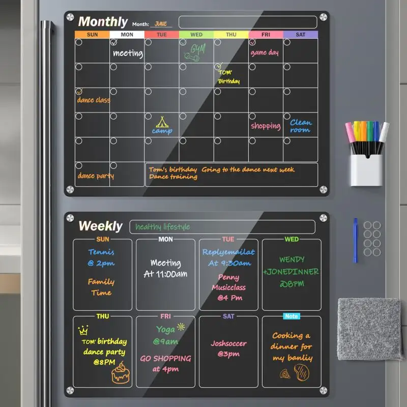 Set di 2 confezioni mensili e settimanali di Note di calendario per lavagna in acrilico lavagna magnetica cancellabile a secco per frigo