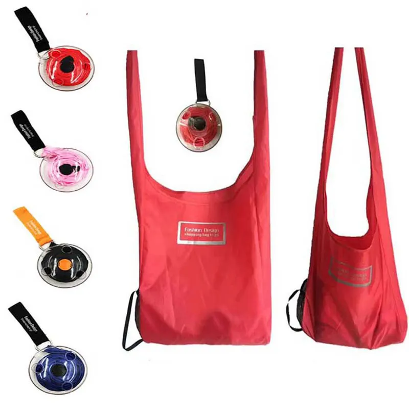 Baskı logosu Polyester kullanımlık alışveriş çantası özel ambalaj 190 T çok fonksiyonlu Roll up katlanabilir küçük disk Tote alışveriş çantası