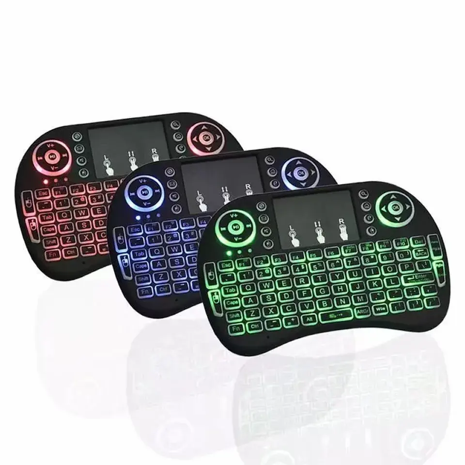 Grosir Rii I8 Keyboard 2.4G lampu latar nirkabel Keyboard Air Fly Mouse Remote dengan Touchpad Handheld untuk kotak TV pintar