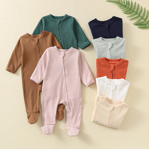 Quần áo mùa đông cho bé sơ sinh, chất liệu cotton, màu trơn, tay dài, kiểu dáng liền thân, chất liệu gân, bộ liền thân cho bé gái, áo liền quần cho trẻ sơ sinh, áo len - Product Image 1