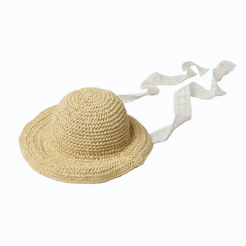 Großhandel Kinder Strohhüte Große Krempe Floppy Strohhüte Falten Handmade Travel Beach Sonnenschutz Mit Riemen Strohhut