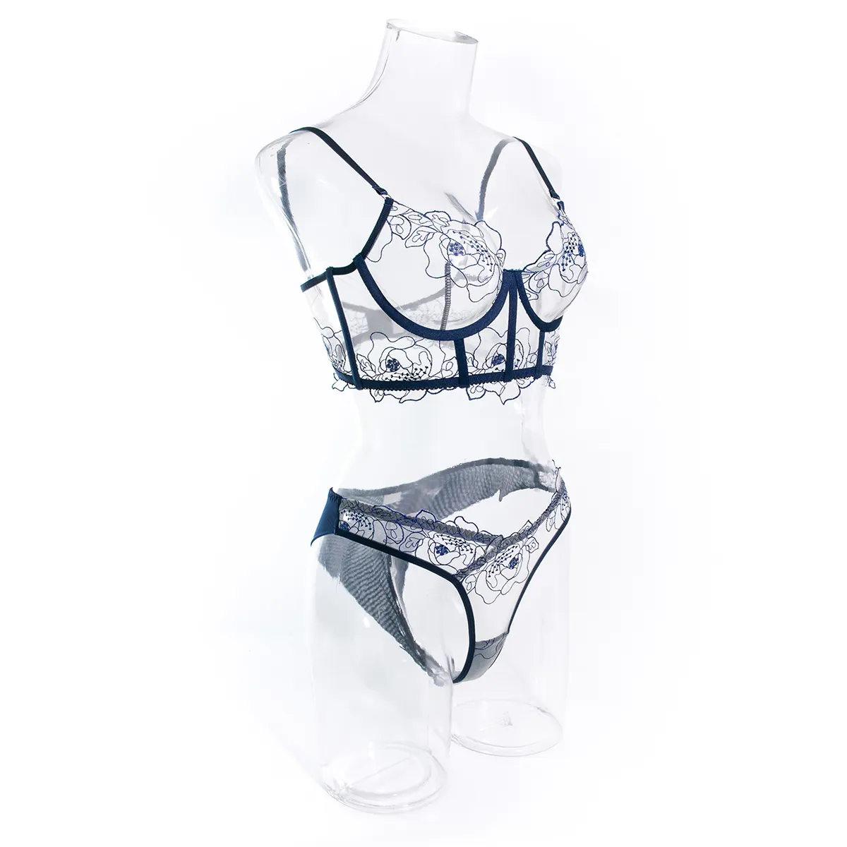 Transparente Nave Blue Sexi G-string Bra y Tanga de dos piezas Floral bordado malla mujer Sexy Lencería Set para damas