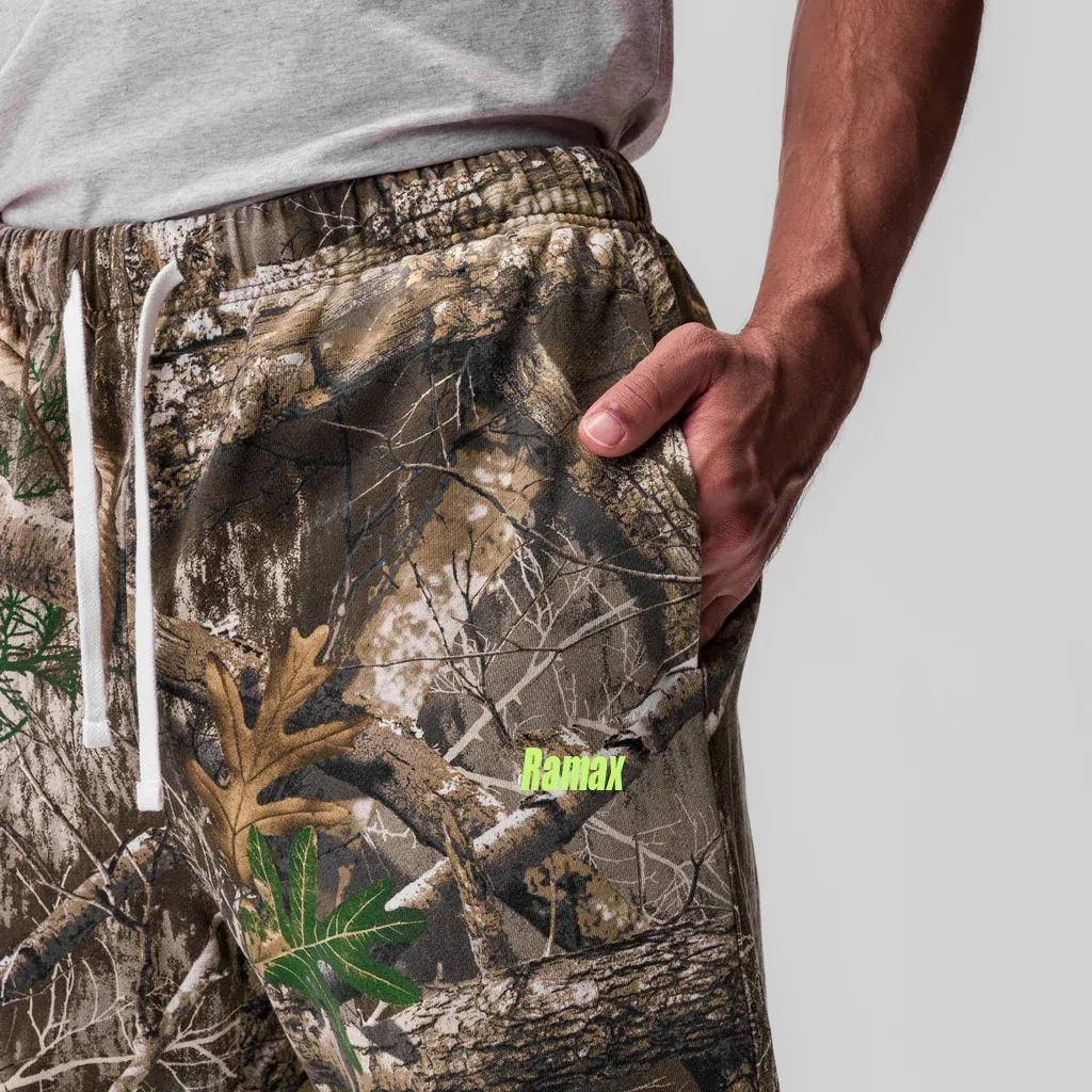 कस्टम सीधा पैर पसीना पैंट, पेड़ के छलावरण के लिए पूरे शॉर्ट्स मुद्रित करने वाली पैंट