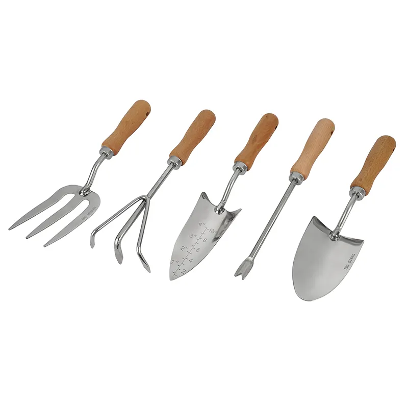 Manche en bois professionnel en acier inoxydable polissage 5 pièces outils de jardin ensemble d'outils à main avec pelle désherbeur râteau