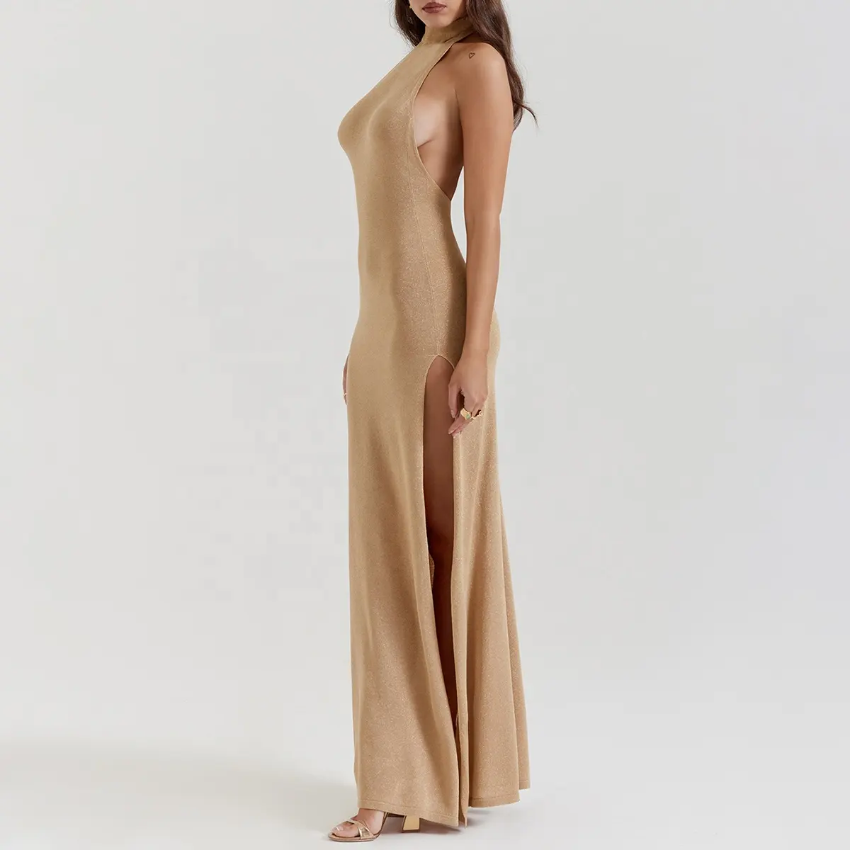 Glamorous Gold Knit Maxi Dress Ropa de noche brillante Luxe Party Outfit Declaración de alta moda Vestidos personalizados