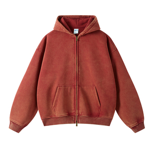 Özel baskı güneş soluk % 100% pamuk Odie Zip up kalın ağır boy Streetwear sıkıntılı Vintage asit yıkama erkekler Odie