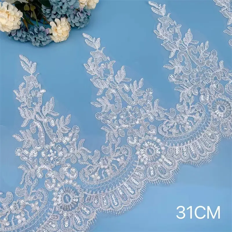 31cm tulle mesh polyester fancy flower lace trim for bridal veil lace trimming