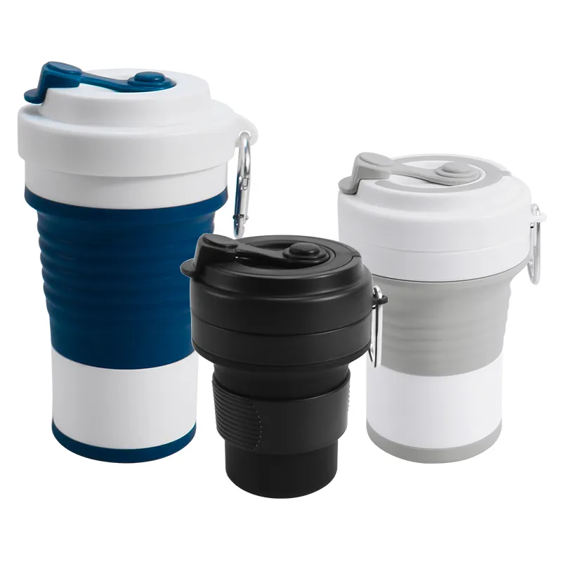 Taza personalizada de 350/550/750ml, taza de café plegable reutilizable, taza de agua, tazas de café de silicona de plástico plegables con tapa