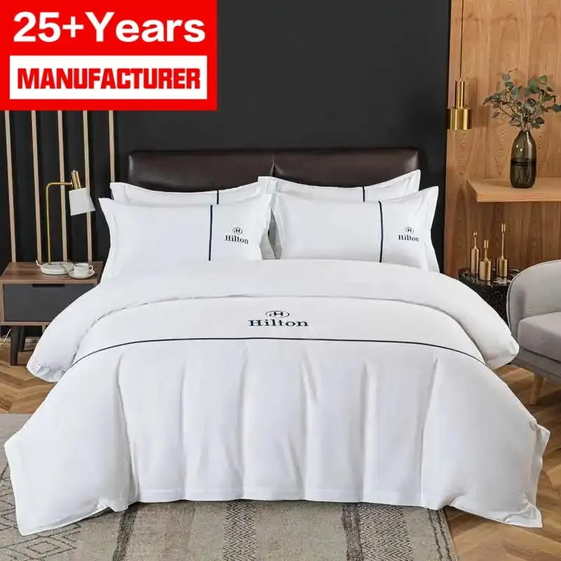 5 estrela Hilton roupa de cama 100% algodão folha plana atacado personalizado sólida colcha conjunto de tampa conjuntos de cama do hotel