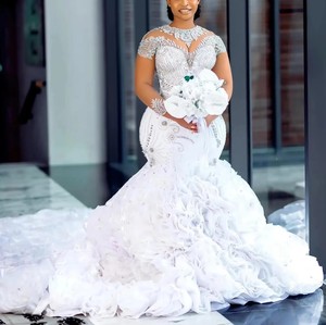 <span class=keywords><strong>2025</strong></span> 새로운 럭셔리 플러스 사이즈 아프리카 결혼식 원피스 아랍어 아소 에비 크리스탈 페르시 환상 긴 소매 주름 장식 인어 신부 원피스 - Product Image 3