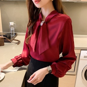 Langärmeliges solides weißes rotes Bluese Shirt Bürobogen Damen V-Ausschnitt Pailletten-Chiffon-Blusen Oberteile Damenblusen